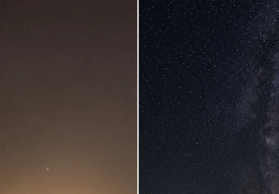Comparação entre um céu urbano e um céu rural.