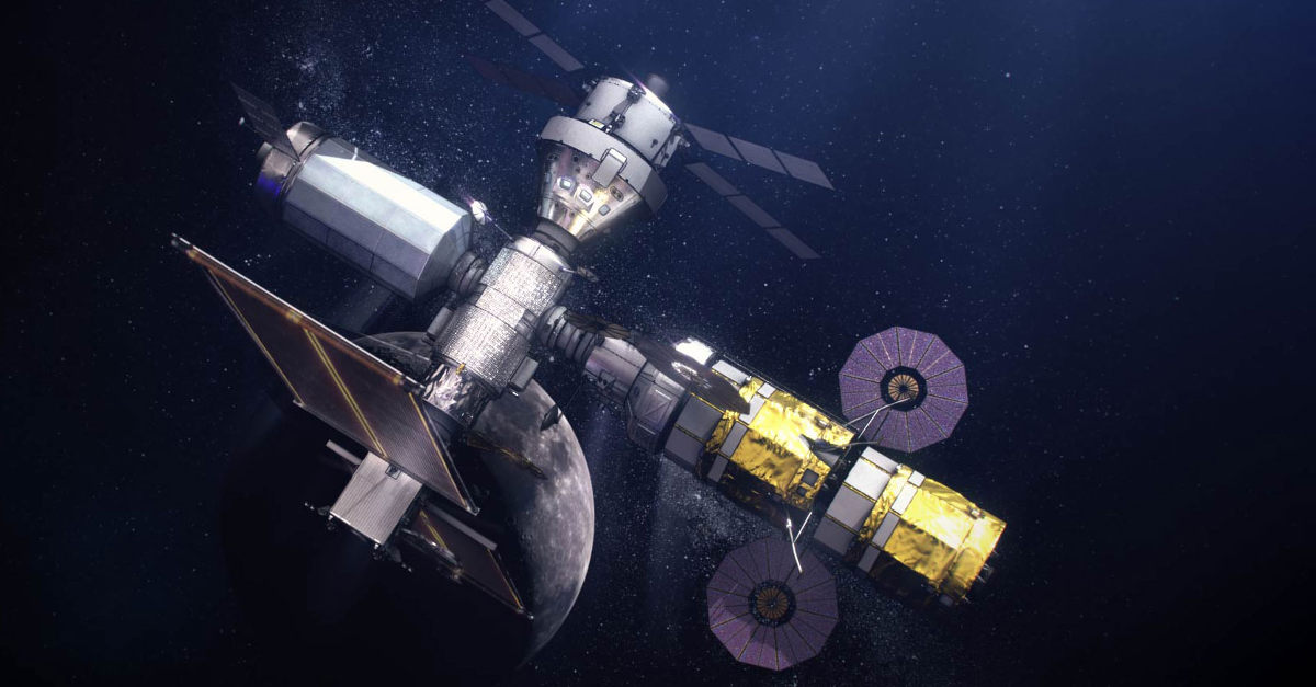 Concepção artística da futura estação espacial Gateway em órbita da Lua.