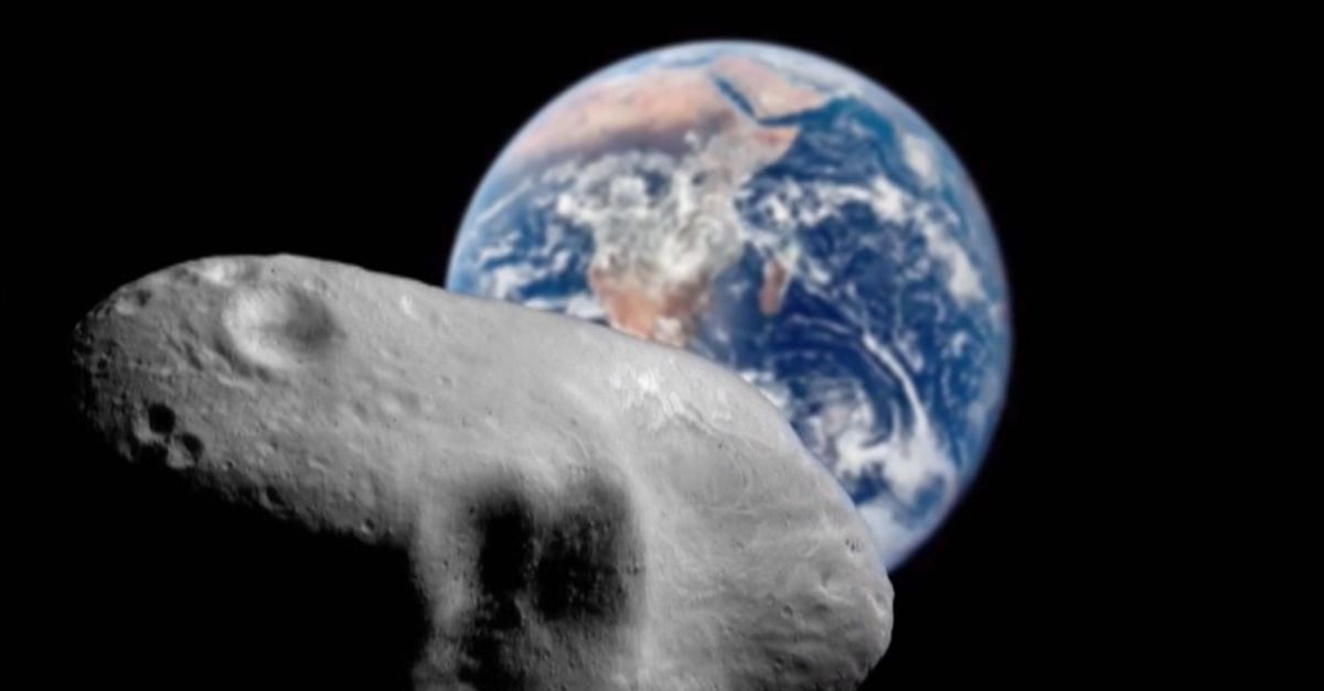 Foto montagem de um asteroide passando próximo de nosso planeta. 