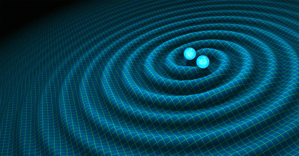 Concepção artística de ondas gravitacionais geradas por uma dupla de estrelas binárias de nêutrons.