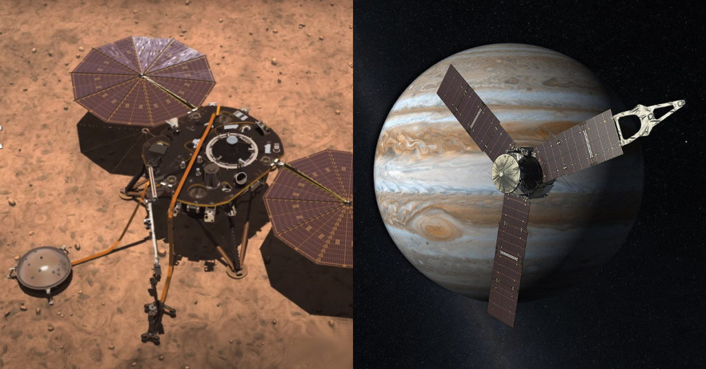 Concepção artística das sondas InSight, em Marte, e Juno, em Júpiter. 