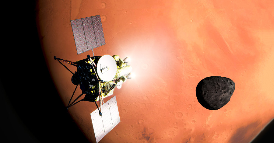 Concepção artística da missão MMX se aproximando de Fobos. Imagem: JAXA/Divulgação.