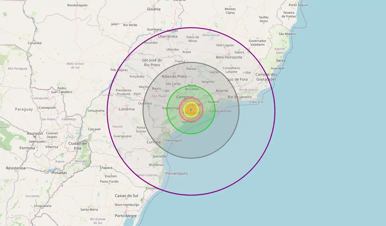 Exemplo de simulação com o Asteroid Map com a queda de um asteroide de 2 km no centro da cidade de São Paulo.
