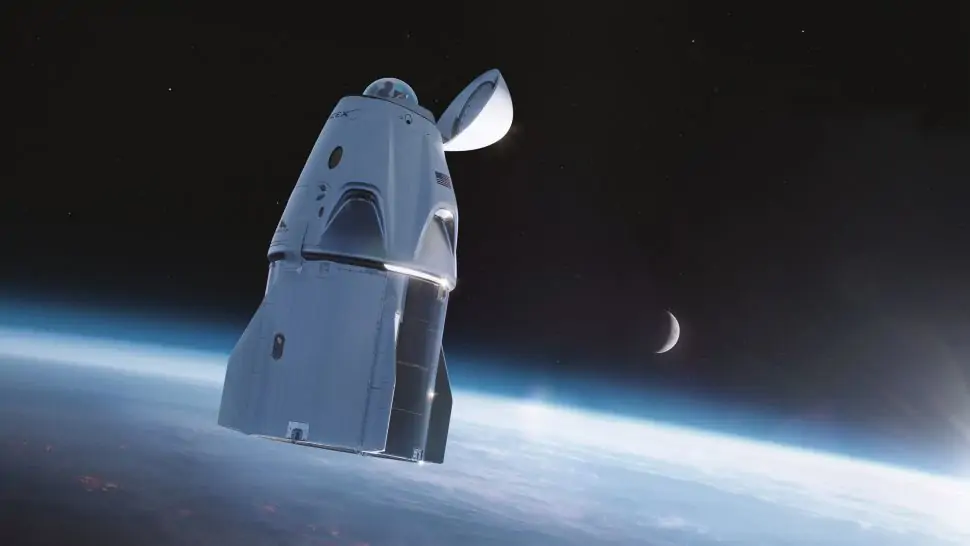 Concepção artística da espaçonave Crew Dragon, da SpaceX, modificada com a janela de observação.