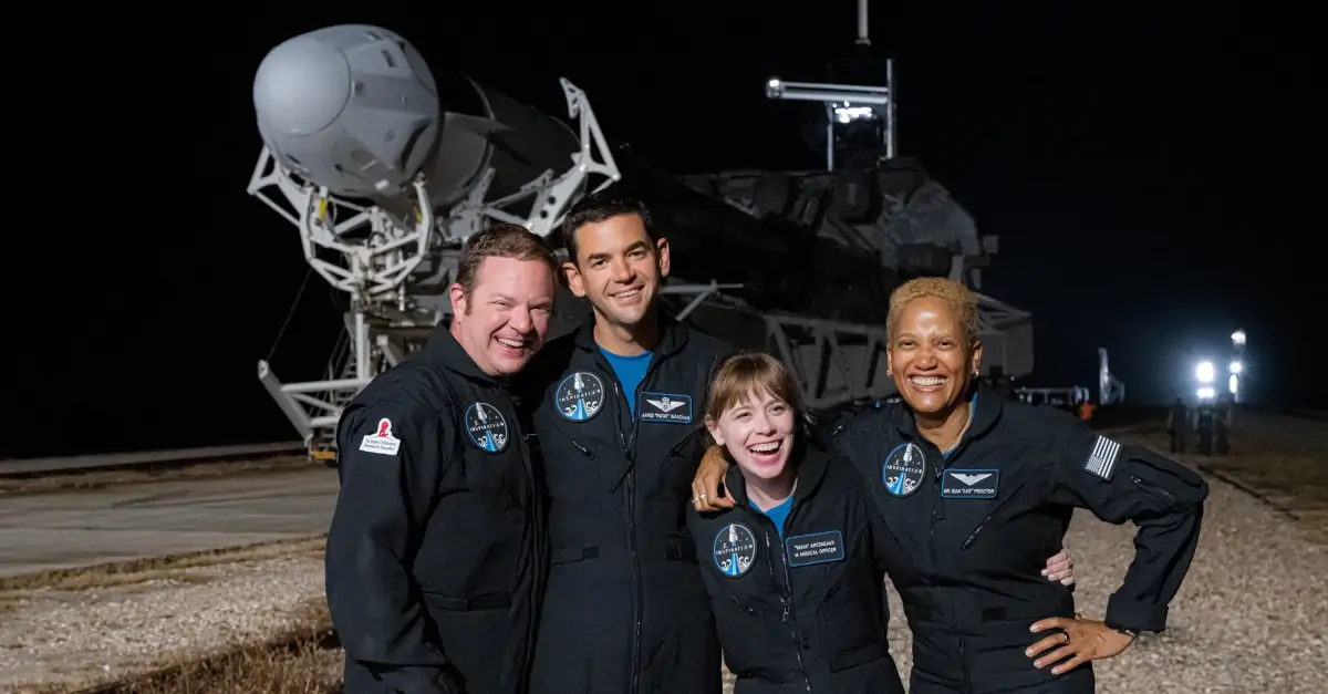 Foto de Chris Sembroski, Jared Isaacman, Hayley Arceneaux e Sian Proctor durante a chegada da Falcon 9 na plataforma de lançamento. 