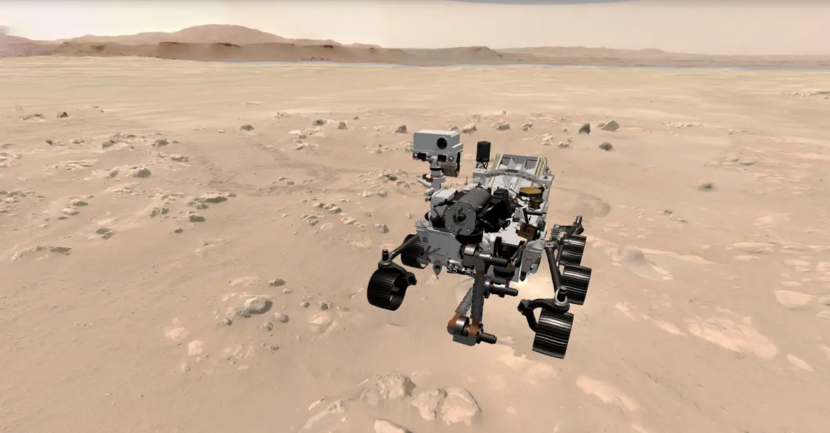 O rover Perseverance como é visto no novo simulador interativo da NASA. 