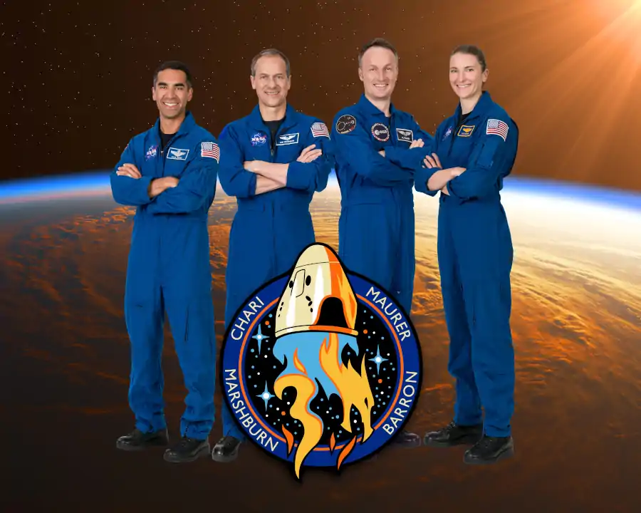 Da esquerda para a direita, Raja Chari, Thomas Marshburn, Matthias Maurer e Kayla Barron, a tripulação da Crew-3. 
