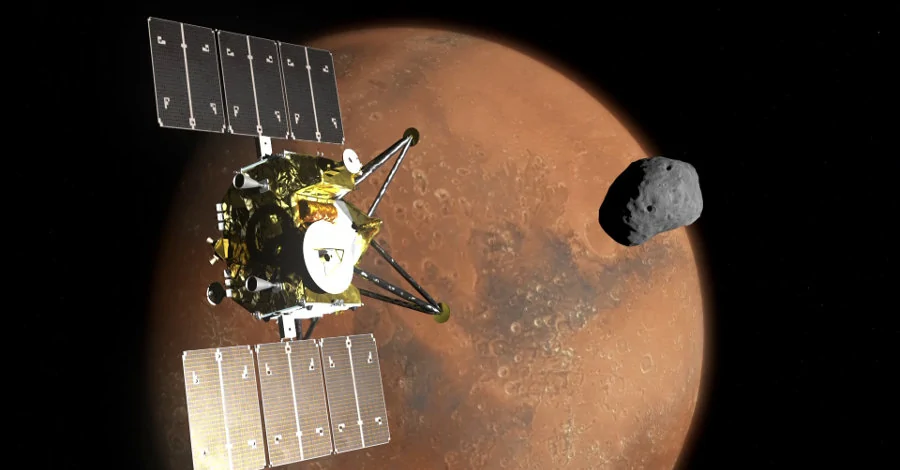 Concepção artística da sonda japonesa MMX se aproximando de Marte e sua lua Fobos.