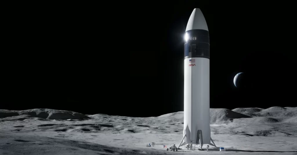 Ilustração do projeto do módulo de pouso lunar da SpaceX, durante o programa Artemis.