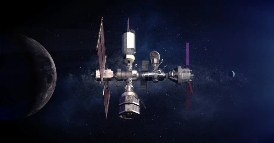 Concepção artística da estação espacial Gateway, em órbita da Lua. 