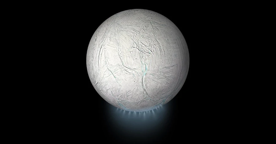 Ilustração mostra a lua gelada de Saturno, Encélado, com a pluma de partículas de gelo, vapor de água e moléculas orgânicas que brotam de fraturas na região polar sul da lua.