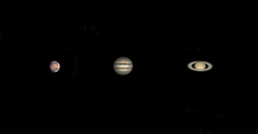 Da esquerda para a direita, Marte, Júpiter e Saturno captados com um telescópio amador com cerca de 100 mm de abertura. Imagem: YouTube/Reprodução