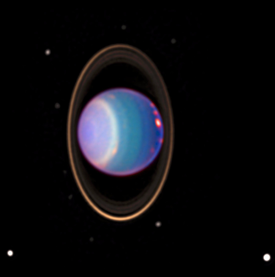 Fotografia captada pelo Telescópio Espacial Hubble de Urano, seus anéis e 10 luas. Crédito: NASA/JPL/STScl