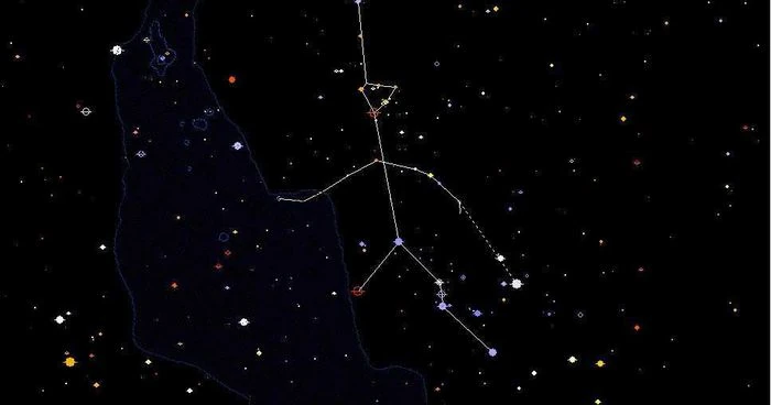 Representação da constelação indígena "Home Velho", com as estrelas do Cinturão de Órion representando o pé esquerdo da figura. Imagem: Espaço Ciência/Reprodução