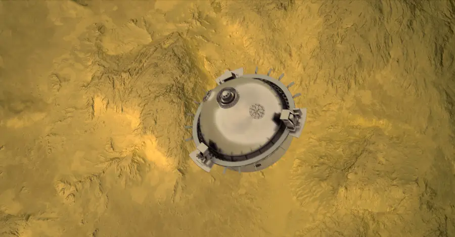 Ilustração artística da Davinci+ descendo na atmosfera de Vênus.