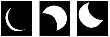 Imagens de três momentos de um eclipse solar da questão do Enem de 2000