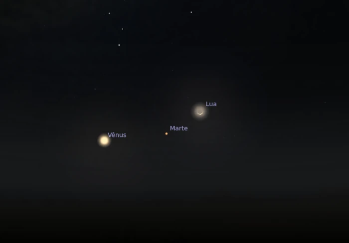 Posição de Vênus, Marte e Lua, próximo ao horizonte leste, no dia 27 de fevereiro de 2022, antes do amanhecer. 