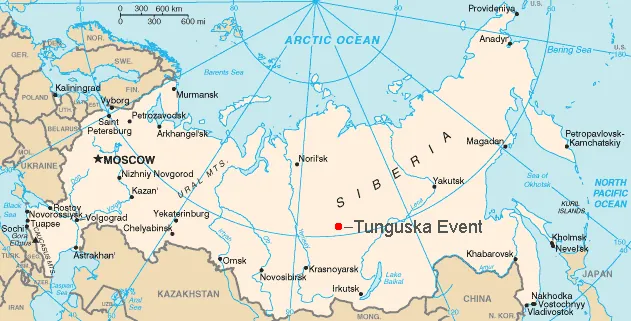 Em vermelho, o local da explosão do meteoro de Tunguska, bem ao centro da Sibéria. I
