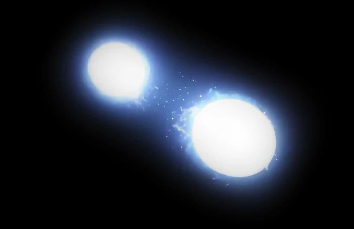 Ilustração que mostra o formato das estrelas do sistema de Spica, distoricadas pela ação gravitacional.