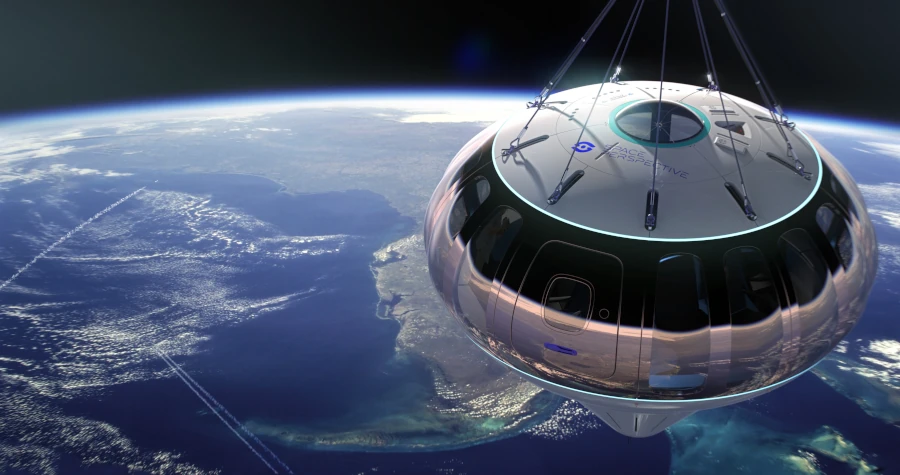 Sustentada por um balão estratosférico, a cápsula possui visão 360 graus e
assentos reclináveis. Vencedores do concurso terão drinks para brindar a vitória ao som do clássico cult de Shatner 'Rocketman' tocando ao fundo. 
