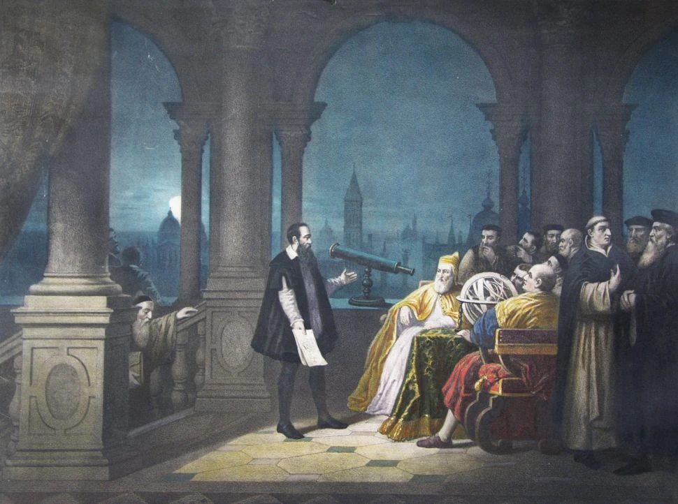 Pintura de 1754 de HJ Detouche com Galileu Galilei exibindo seu telescópio para Leonardo Donato e o Senado veneziano. 