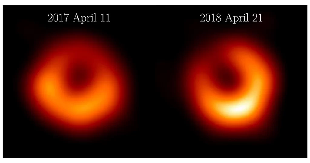 Imagens do buraco negro M87* foram obtidas pela colaboração EHT; a da esquerda foi feita com observações realizadas em abril de 2017, e a da direita foi feita com observações de abril de 2018; mudança na posição do pico de brilho do anel tem relação com teorias sobre material turbulento ao redor de buracos negros - Foto: EHT Collaboration
