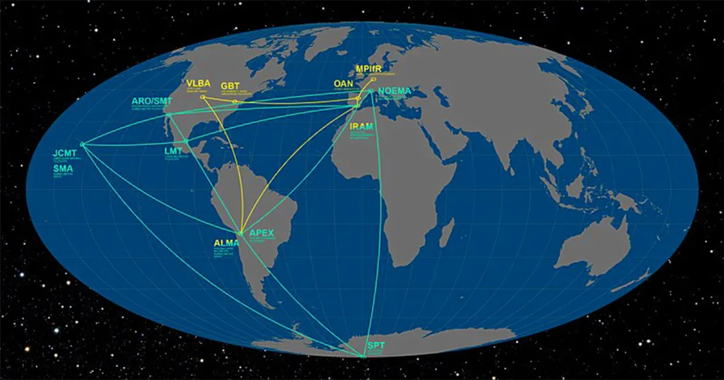 Mapa com rede de observatórios da colaboração EHT, que envolve mais de 300 pesquisadores da África, Europa, América do Norte e do Sul; cientistas trabalham em conjunto para capturar imagens detalhadas de buracos negros, criando telescópio virtual do tamanho da Terra - Foto: Wikimedia Commons