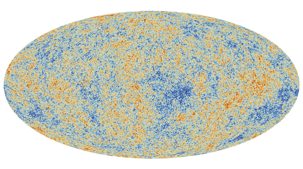Mapa das flutuações de temperatura da radiação cósmica de fundo emitida 380 mil anos após o Big Bang
ESA /PLANCK