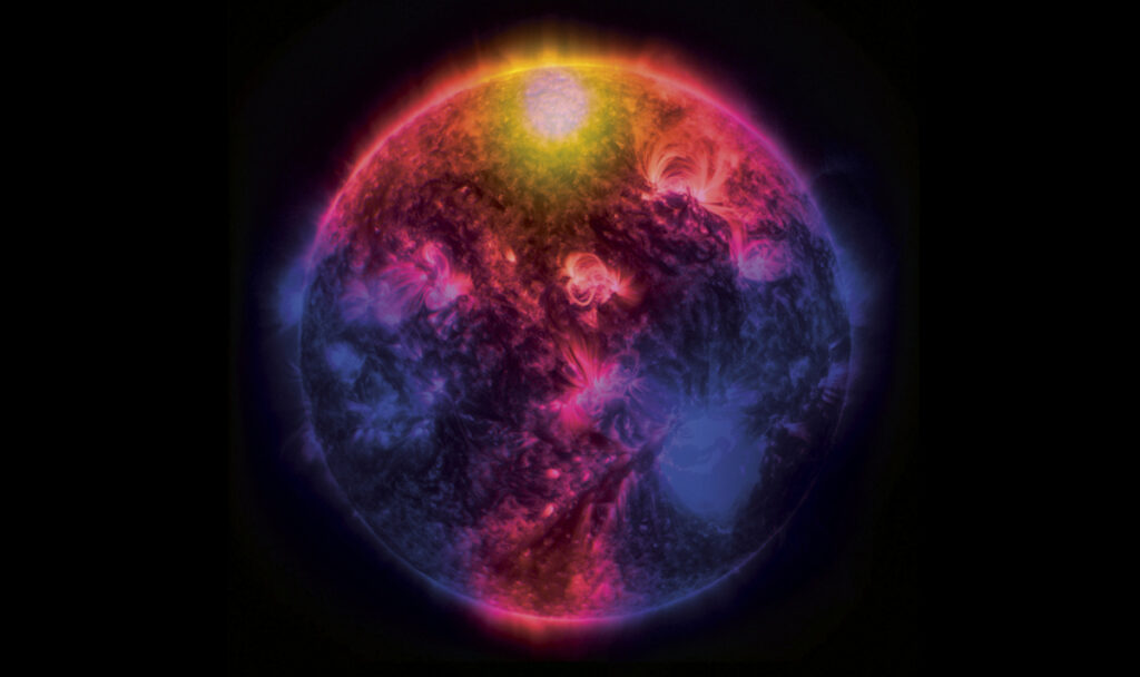 Nesta montagem de imagens do Sol com cores falsas, as regiões que aparecem em branco, amarelo e laranja são, nessa ordem, as que mais emitiram raios gama no pico do último ciclo solar. Imagem: Arsioli e Orlando 2024 & NASA/SDO / Duberstein