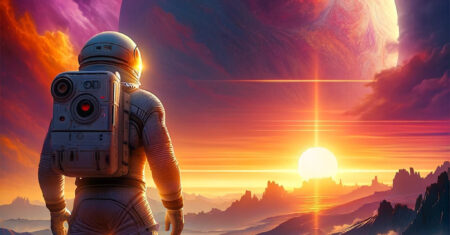 Papel de parede: Astronauta vendo pôr do sol extraterrestre