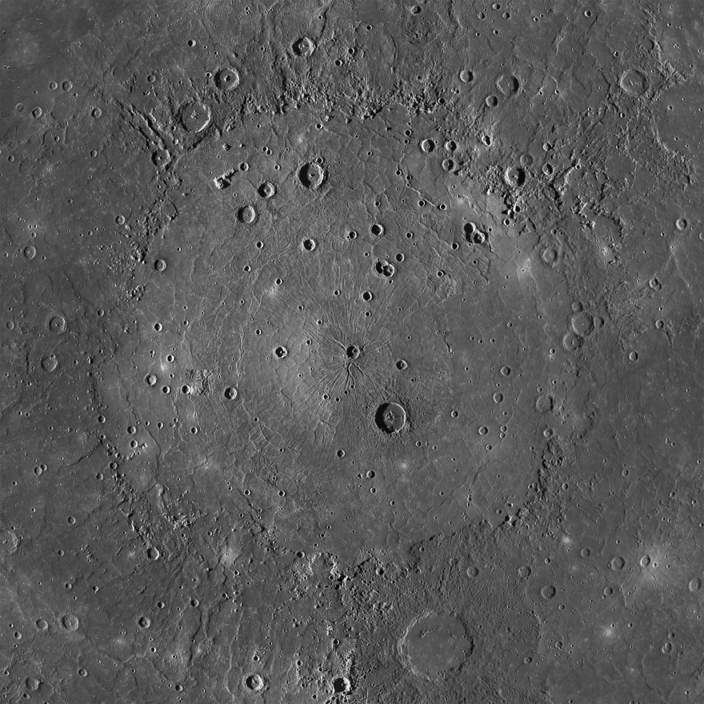 Mosaico da enorme Bacia Caloris, uma das maiores bacias de impacto do Sistema Solar: Imagem: NASA/Reprodução
