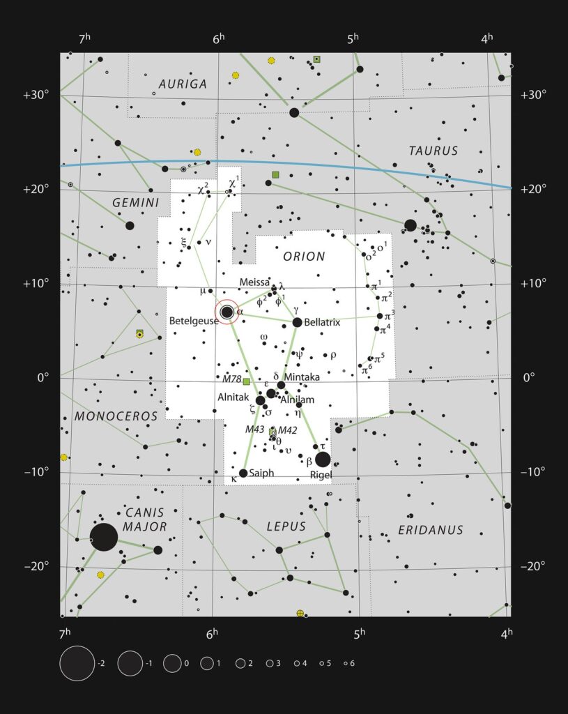 Mapa da constelação de Órion, com Betelgeuse em destaque. Imagem: ESO/Reprodução
