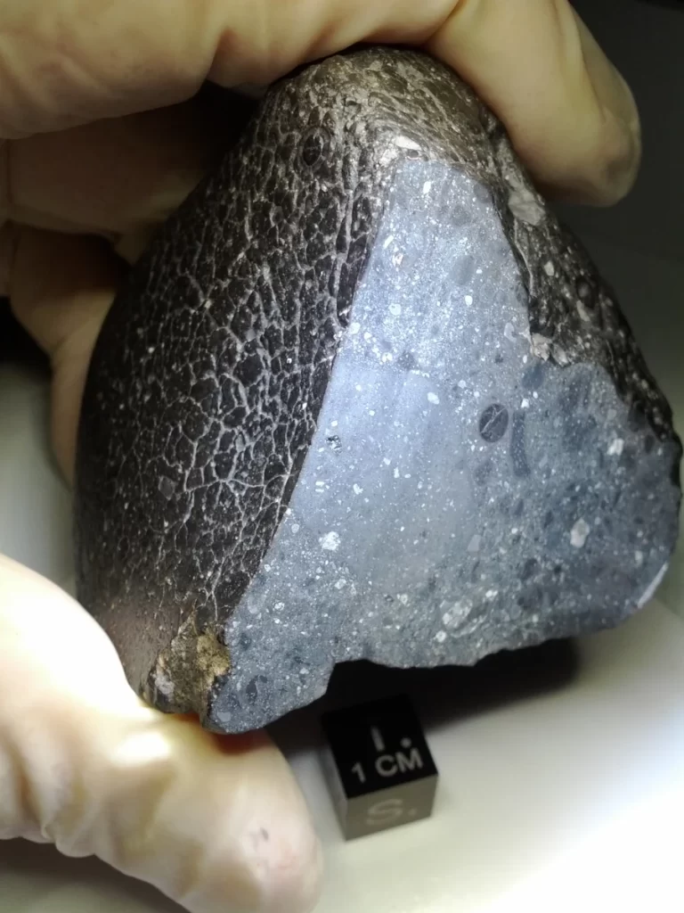 Apelidado de "Beleza Negra", este meteorito marciano pesa aproximadamente 320 gramas e foi descoberto em 2011 na África. Imagem: NASA/Reprodução