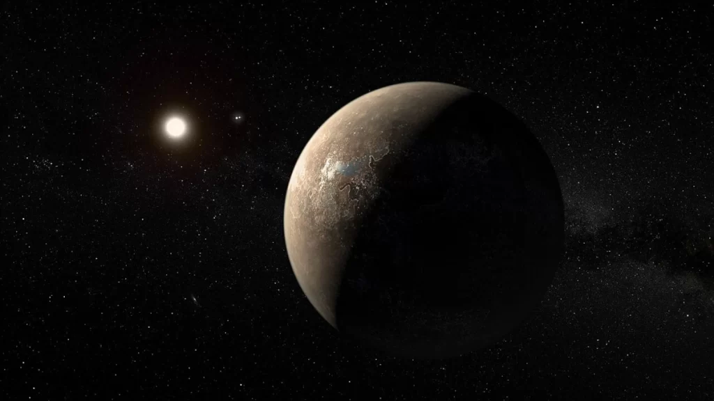 Concepção artística do exoplaneta Proxima b, orbitando a estrela Proxima Centauri. Imagem: Wikimedia Commons/Reprodução