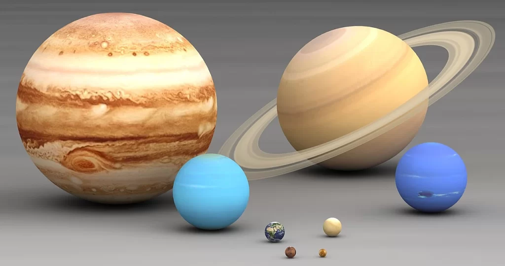 Comparação do tamanho dos oito planetas do Sistema Solar. Imagem: Wikimedia Commons/Reprodução