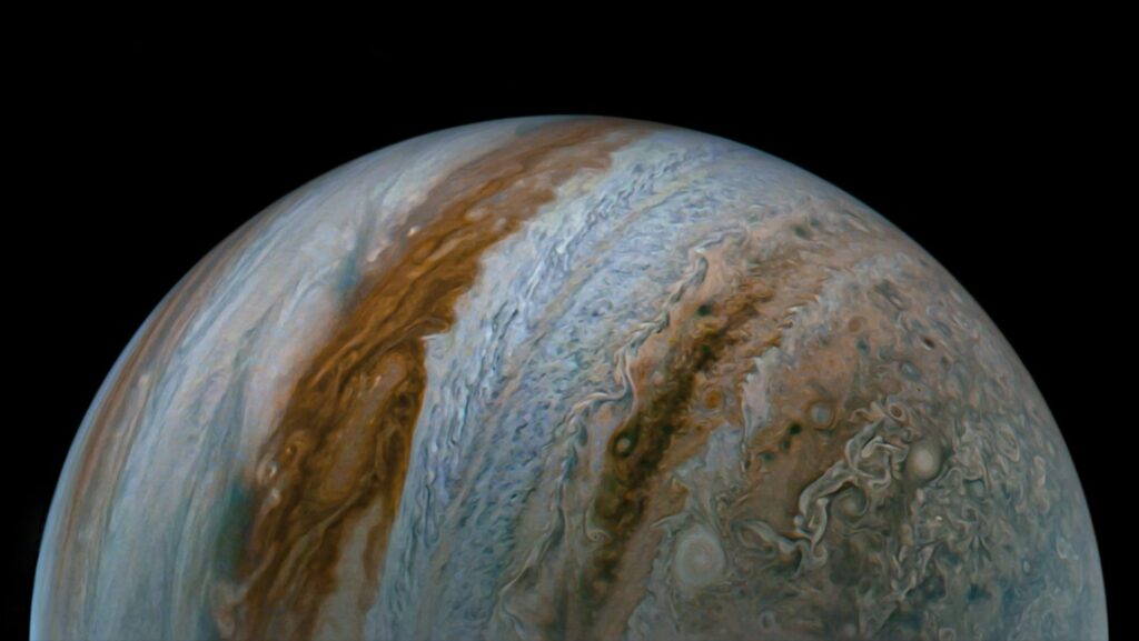 Uma foto de Júpiter tirada pela espaçonave Juno da NASA em setembro de 2023. NASA/JPL-Caltech/SwRI/MSSS, image processing by Tanya Oleksuik
