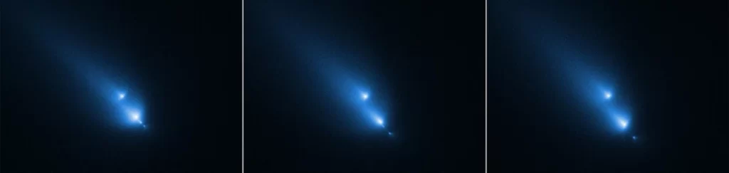 Sequência de fotos do cometa C/2025 K1 (ATLAS), da esquerda para a direita, nos dias 8, 9 e 10 de novembro de 2025. 