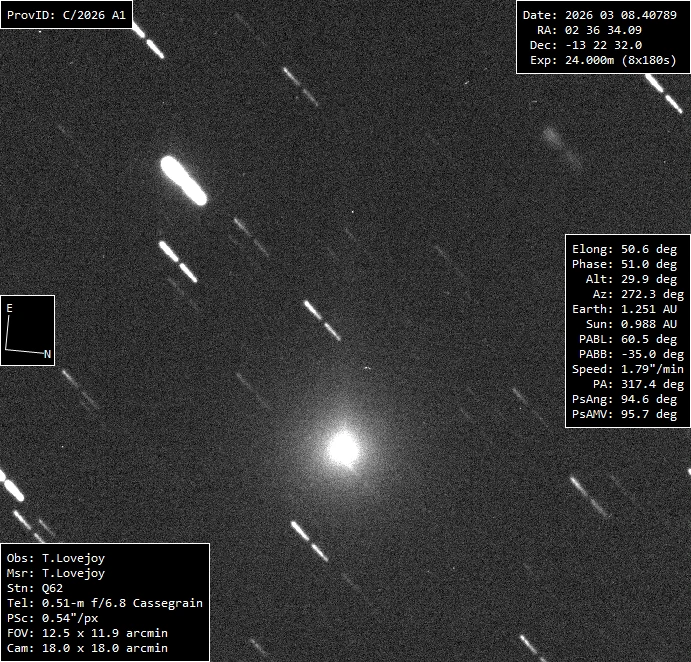 O cometa C/2026 A1 (MAPS) fotografado em 8 de março.