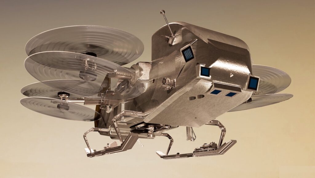 Ilustração da missão Dragonfly em Titã. 