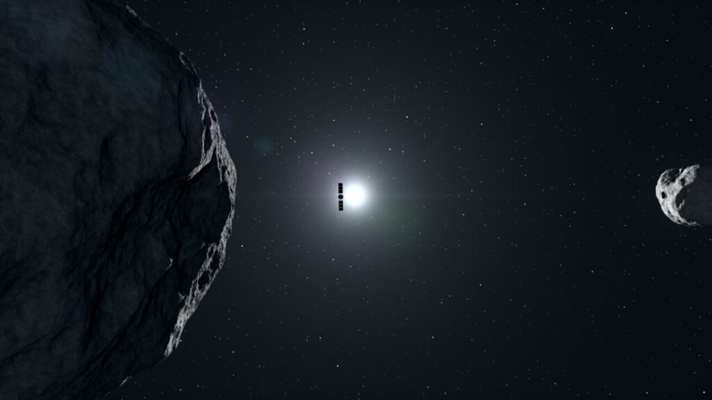 Ilustração da sonda Hera se aproximando de Didymos e Dimorphos. 