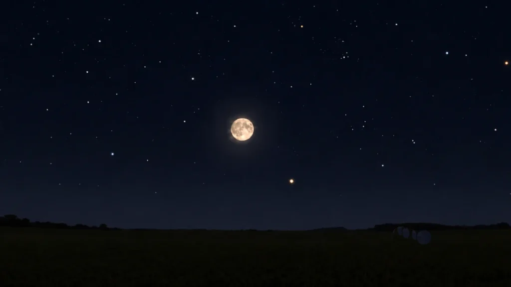 26 de setembro: Qual planeta está perto da Lua Cheia hoje? 1 Ilustração da Lua Cheia próxima do planeta Saturno.