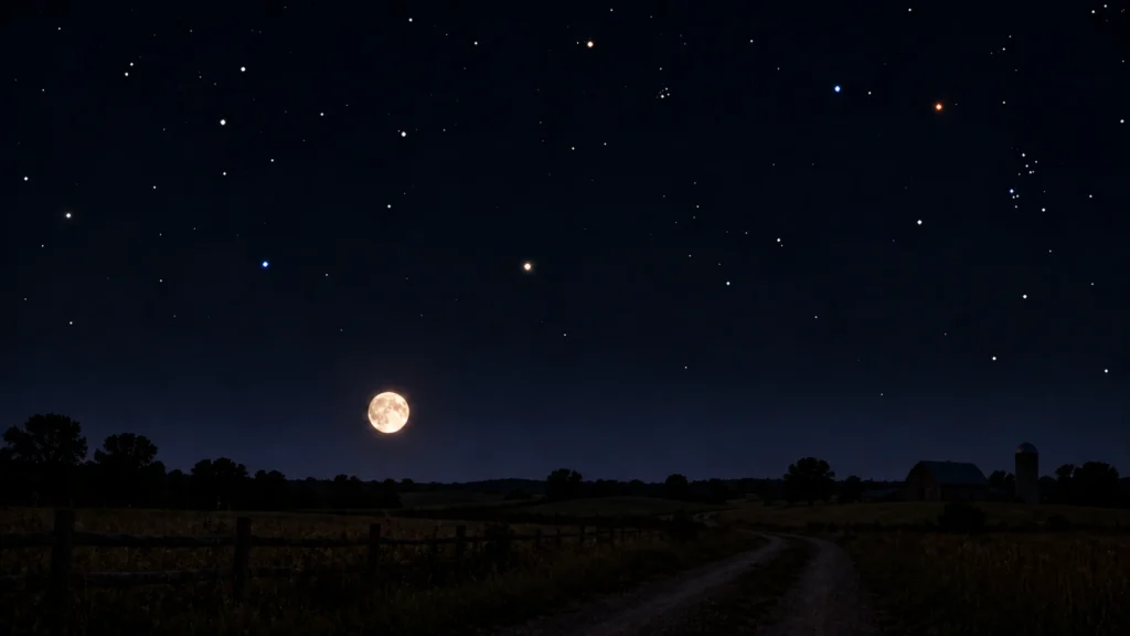 Ilustração da Lua Cheia próxima do planeta Saturno.