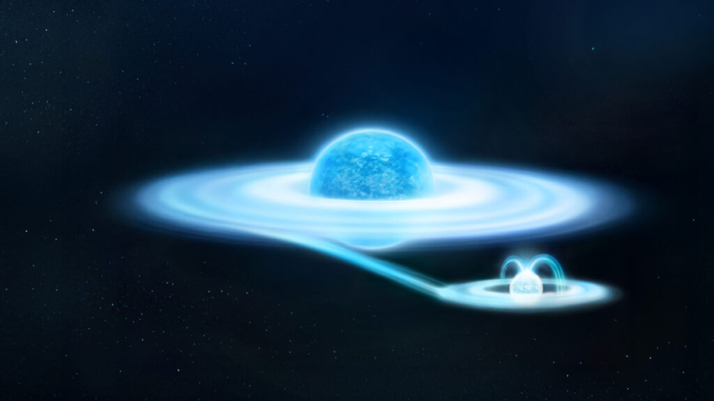 Ilustração da estrela massiva gama-Cas e sua pequena, mas densa companheira anã branca. Imagem: ESA