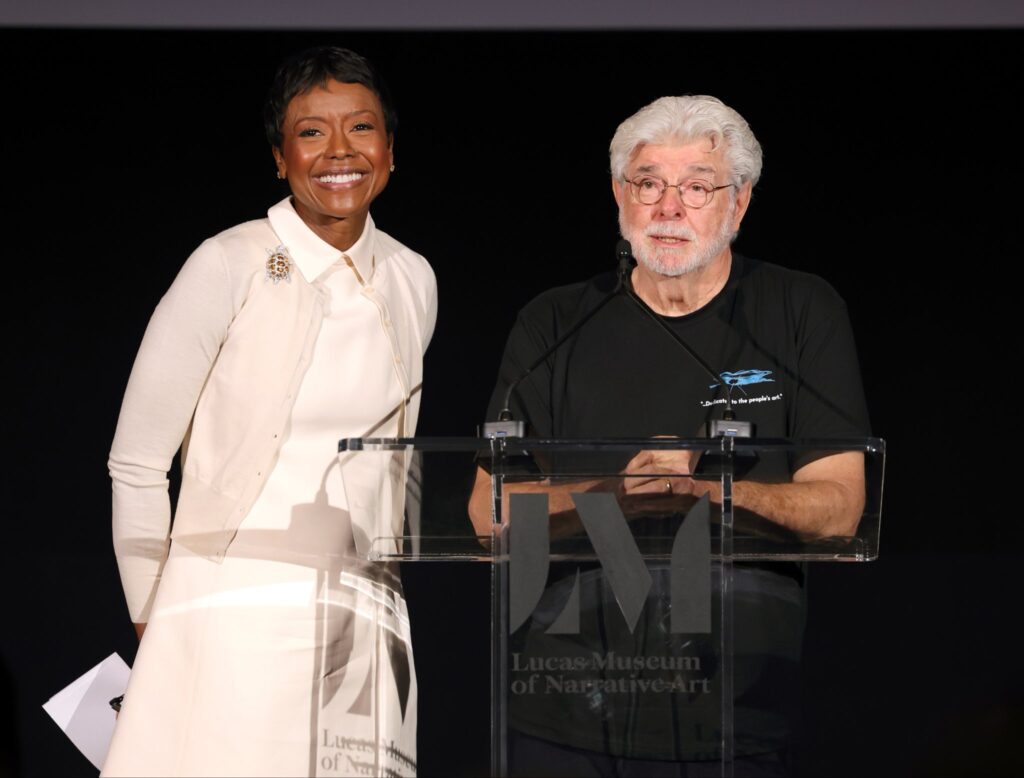 George Lucas e Mellody Hobson (Crédito: Lucas Museum of Narrative Art/Reprodução)