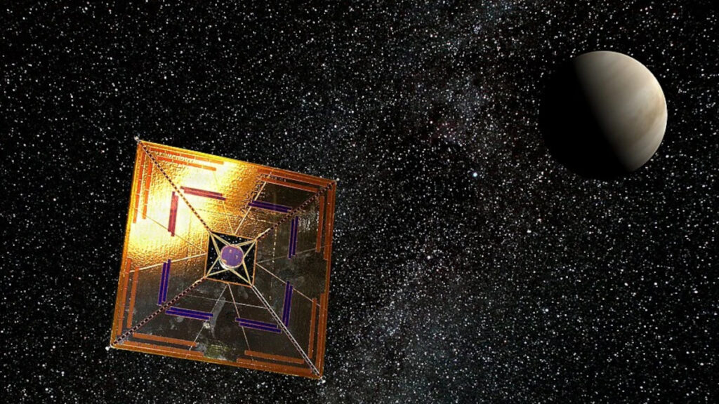 Ilustração da IKAROS, projeto de sonda espacial com uma vela solar em voo com uma configuração típica de vela quadrada de quase 200 m2.