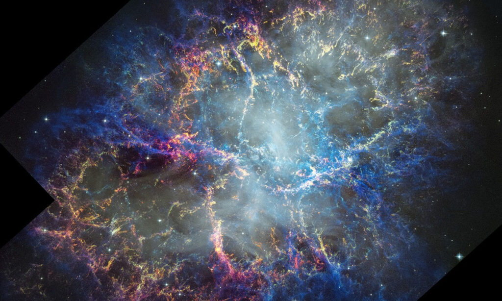 Esta imagem da Nebulosa do Caranguejo, capturada pelo Telescópio Espacial Hubble da NASA em 2024, juntamente com observações anteriores e de outros telescópios, permite aos astrônomos estudar como o remanescente de supernova está se expandindo e evoluindo ao longo do tempo.