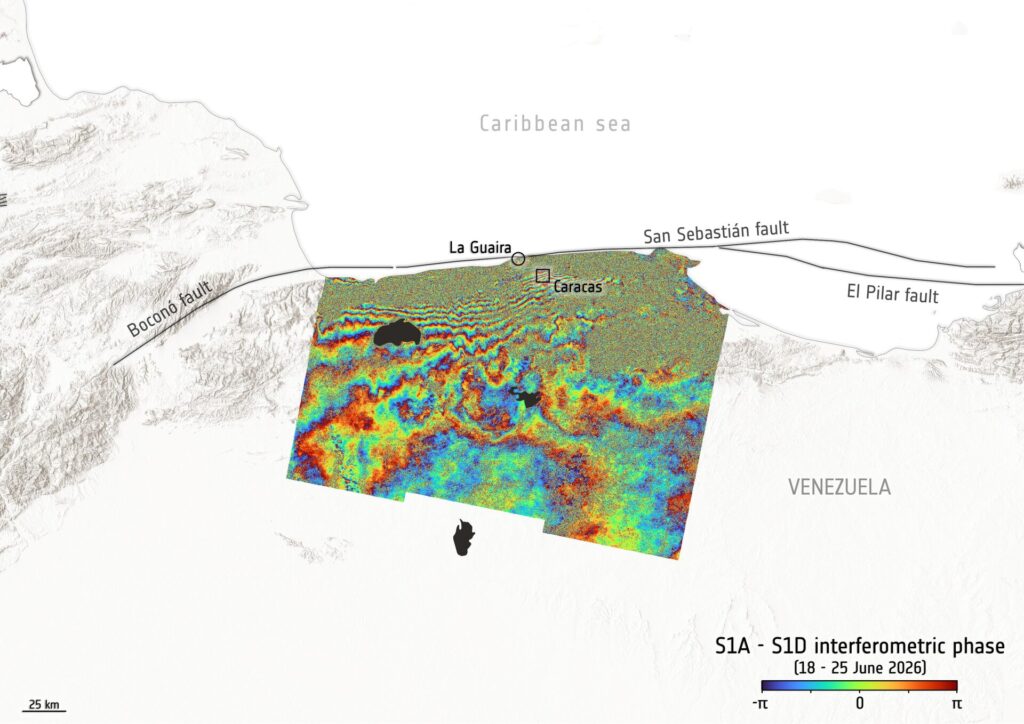 Mapa mostra a área em torno de Caracas, Venezuela, que foi atingida por um terremoto duplo. Imagem: ESA