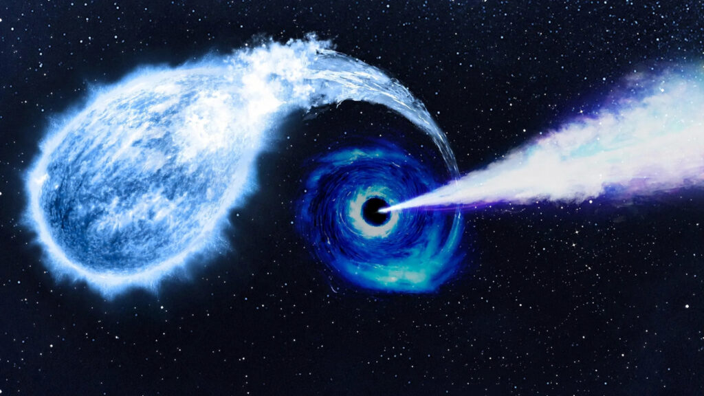 Ilustração de um buraco negro engolindo uma estrela anã branca.