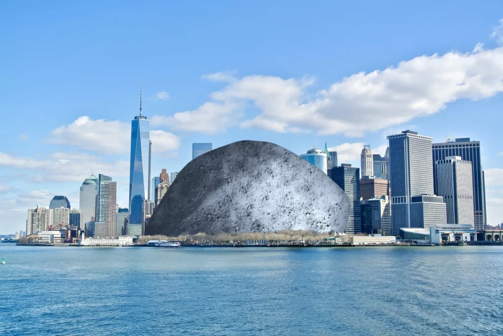 Ilustração mostra a comparação do tamanho do asteroide Aphophis em relação à cidade de Nova York. 