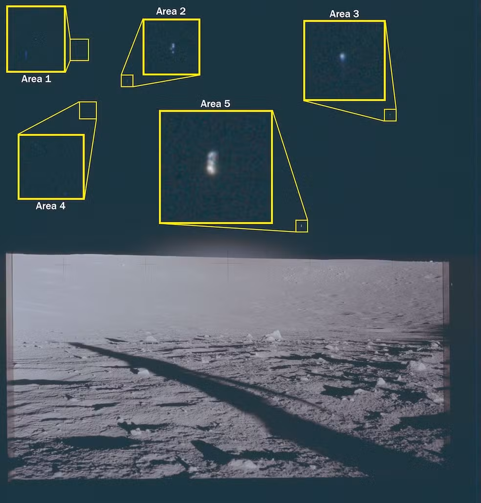 Foto captada por astronautas da Apollo 12 na Lua em 1969 mostra cinco áreas ampliadas com fenômenos não identificados visíveis a olho nu.